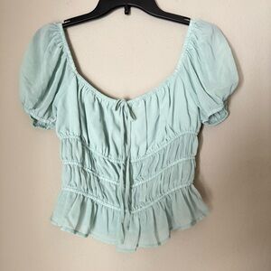 Forever 21 Sheer Mint Green Puff Sleeve Crop Top size L